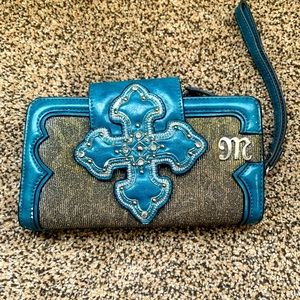 Miss Me teal turquoise cross wallet wrist clutch GUC